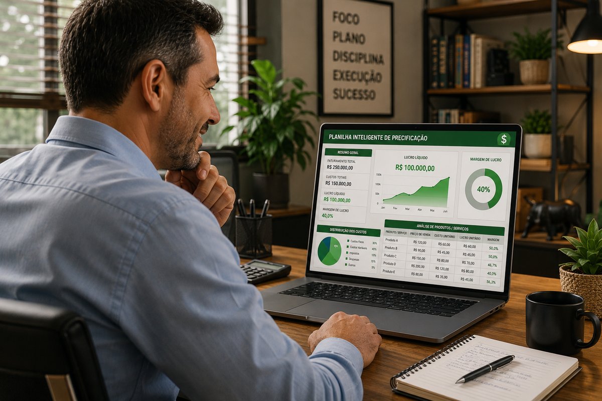 Empresário usando a planilha com resultados positivos e clareza de decisão