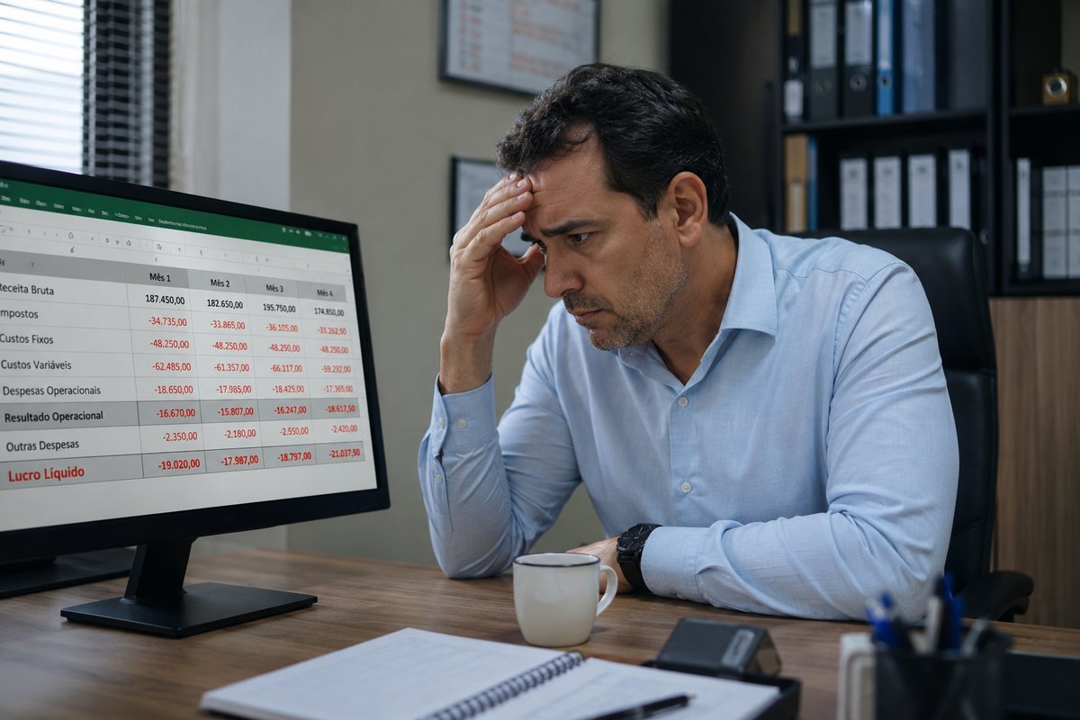 Empresário preocupado analisando planilha com resultados negativos