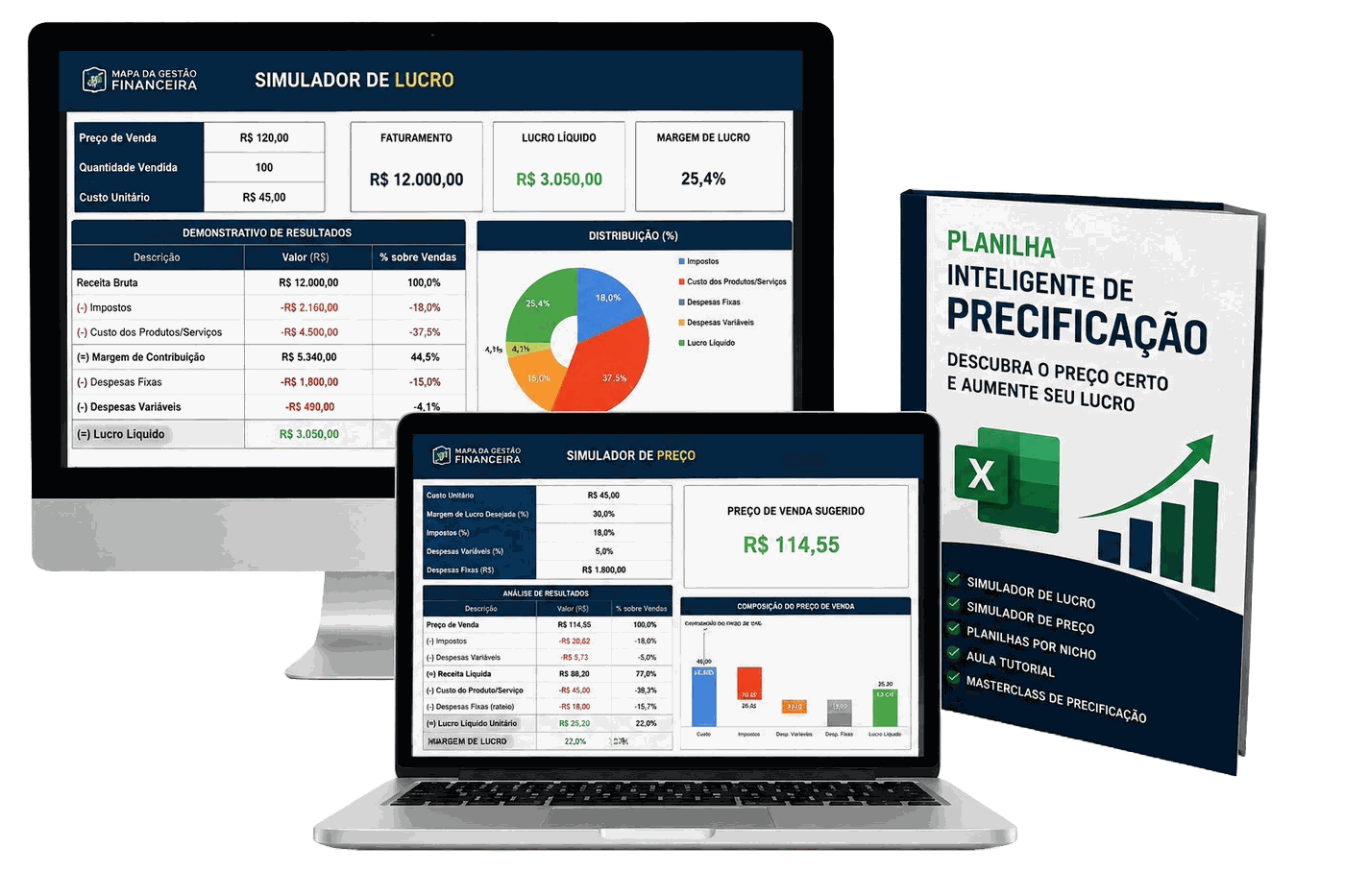 Mockup da Planilha Inteligente de Precificação em uso, mostrando simulação de preços e margem